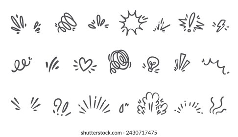 Comic speech effect icons, manga doodle elements set. Funny retro anime movement, exclamation and question, emphasis expressions. Surprise emotion of character in comic book style vector illustration