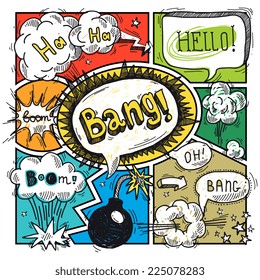 Comic speech humor funny cartoon bubble sketch design background vector illustration