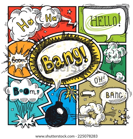 Comic speech humor funny cartoon bubble sketch design background vector illustration