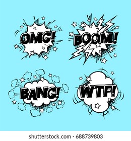 Las burbujas de sonido del discurso cómico se establecen con diferentes emociones y texto BOOM, OMG, BANG, WTF. Ilustraciones de dibujos animados aislados en fondo azul. Medio tonos, estrellas y otros elementos en capas separadas.