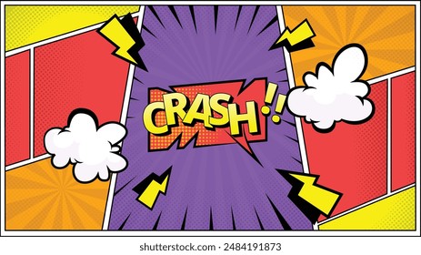 Comic speech text bubble Crash!, Colorful halftone retro pop art background 
