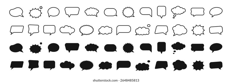 Comic speech and thought bubbles set – outline and solid icons collection. Vector.