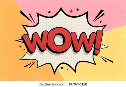 Comic speech wow on colorful background in pop art style. Vector illustration of memphis texture style.