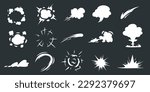 Comic speed effect, cartoon explosion. Flash boom and lighting smoke, motion energy in wind, puff clouds silhouette, smog or mist. Cartoon flat style elements. Vector recent isolated icons