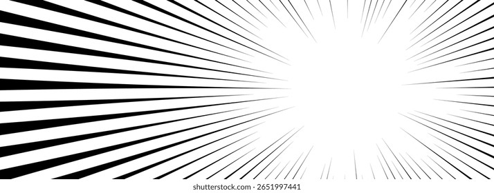 Plano de fundo da linha de velocidade em quadrinhos. Efeito de explosão de livro de desenhos animados. Quadro de padrão linear radial preto. Pop art flash beams ou raios. Tela de fundo de impacto de super-heróis vetoriais. Papel de parede de linhas de explosão de sol de mangá ou anime.