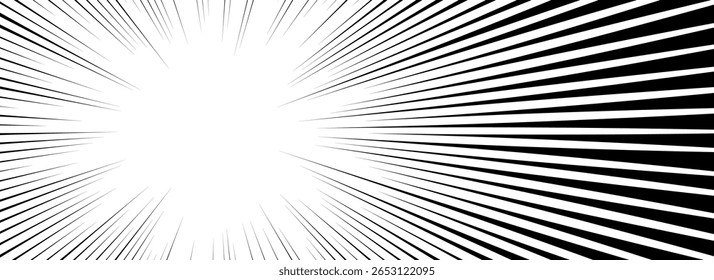 Plano de fundo da linha de velocidade em quadrinhos. Efeito de explosão de livro de desenhos animados. Quadro de padrão linear radial preto. Pop art flash beams ou raios. Papel de parede de explosão de sol de mangá ou anime. Tela de fundo de impacto de super-herói vetorial