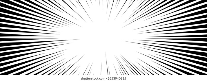 Plano de fundo da linha de velocidade em quadrinhos. Efeito de explosão de livro de desenhos animados. Padrão radial preto e branco. Pop art flash beams ou raios. Papel de parede sunburst de mangá ou anime. Tela de fundo de impacto de super-herói vetorial