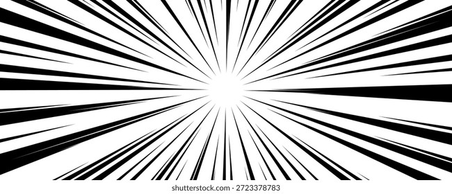 Fondo de línea de velocidad cómica. Efecto de explosión de libro de dibujos animados. Patrón radial blanco y negro. Pop arte flash rayos o rayos. Manga o anime sunburst Fondo de pantalla. Fondo de impacto de superhéroe de Vector