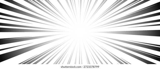 Fondo de línea de velocidad cómica. Efecto de explosión de libro de dibujos animados. Patrón radial blanco y negro. Pop arte flash rayos o rayos. Manga o anime sunburst Fondo de pantalla. Fondo de impacto de superhéroe de Vector