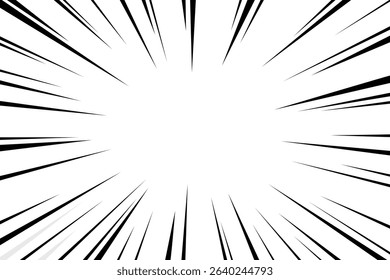  Comic speed line burst with dynamic black rays on white background, manga style motion energy explosion