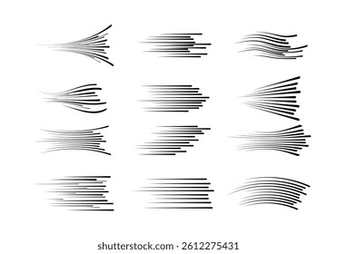 Comic speed line with superhero explosion and fast motion includes abstract background for manga book design and graphic strip with black and white vector drawing in isolated PNG element set