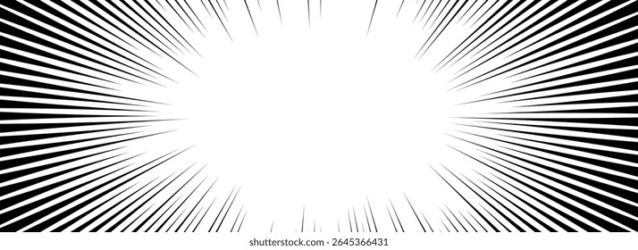 Plano de fundo das linhas de velocidade em quadrinhos. Livro de desenhos animados sunburst background. Quadro de padrão de linha radial de super-herói. Papel de parede de explosão de mangá ou anime. Pop art flash beams ou efeito de raios. Tela de fundo de impacto vetorial