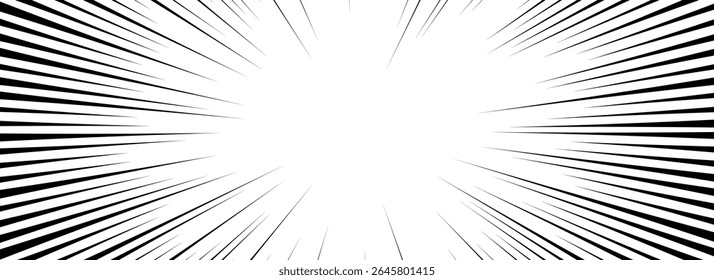 Plano de fundo das linhas de velocidade em quadrinhos. Fundo de explosão de livro de desenhos animados. Quadro de padrão de linha radial de super-herói. Papel de parede sunburst de mangá ou anime. Pop art flash beams ou efeito de raios. Tela de fundo de impacto vetorial