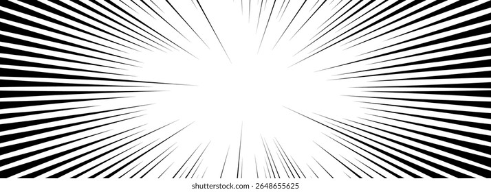 Plano de fundo das linhas de velocidade em quadrinhos. Efeito de explosão de livro de desenhos animados. Quadro de padrão de linha radial de super-herói. Pop art flash beams ou raios. Papel de parede sunburst de mangá ou anime. Tela de fundo de impacto vetorial
