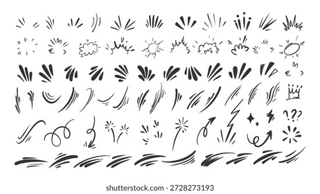 Comic Speed Lines, Bursts, Setas, Blast Splash Lightning e Collage Emphasis Marks Ação Anime Effects Set. Elementos de doodle de tinta preta desenhada à mão para o design expressivo do mangá. Ilustração de vetor