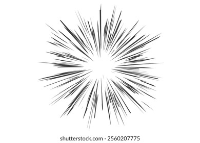 Comic speed lines effect. Manga radial explosion background. Vector anime burst. Perspective motion of rays. Superhero frame. Abstract blast scream and glow. Center of impact.