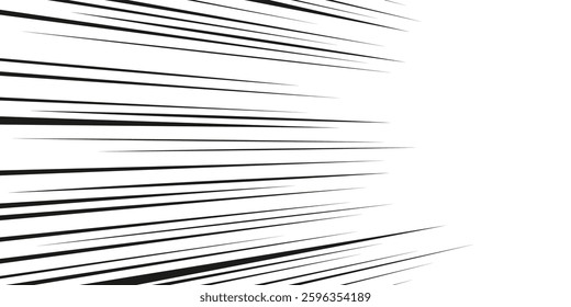 Comic speed lines radiating from border on white background. Black strokes with dynamic motion effect. Monochrome perspective outlines for manga action sequences or graphic movement illustrations.