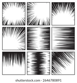 Linhas De Velocidade Em Quadrinhos Definidas. Raios radiais, linhas. Histórias em quadrinhos com movimento, linhas de velocidade. Elementos de estilo da pop art. Ilustração vetorial