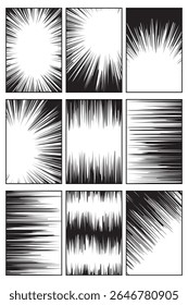 Conjunto de líneas de velocidad de cómic. Rayos radiales de cómic, líneas. Fondo de cómics con movimiento, líneas de velocidad. Elementos de estilo de arte Pop. Ilustración vectorial
