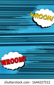 El concepto de velocidad de cómic y movimiento con Wroom wordings burbuja los rayos y los efectos de medio tono. Ilustración del vector