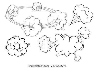 Efecto de movimiento de velocidad cómico, nubes, remolino de viento rápido, Elementos puff poof aislados sobre fondo blanco. Explosión por soplo