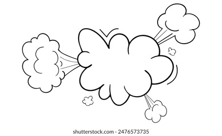 Comic speed motion effect, clouds way, trail set fast wind swirl, puff poof elements isolated on white background. Blow explosion