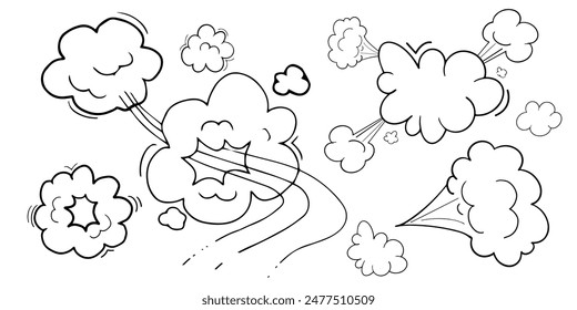 Comic speed motion effect, clouds way, trail set fast wind swirl, puff poof elements isolated on white background. Blow explosion