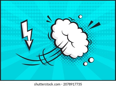 Comic speed vector balloon icon. Catroon motion puff effect explosion cloud, jumps with smoke or dust. Retro illustration on bue background in pop art style