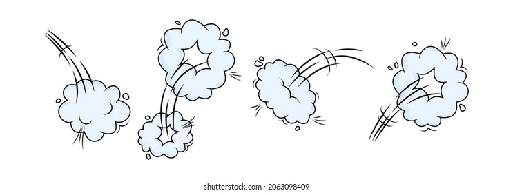 Comic speed vector blue clouds. Catroon motion puff effect explosion bubbles, jumps with smoke or dust. Fun onomatopoeia illustration