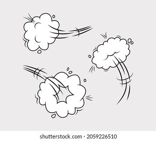 Comic speed vector cloud icon set. Catroon motion puff effect explosion bubble, jumps with smoke or dust. Fun onomatopoeia illustration