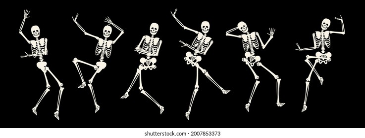 Comic spooky dancing skeleton for party or holiday design. Active scary skeletal human body dancer jumping and making funny movement vector illustration isolated on black background