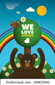 Comic spring poster with bear and bird. Vector illustration.