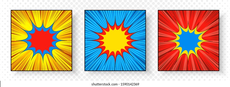 Comic square bright explosive composition with blank speech bubbles rays radial effects in blue yellow red colors. Vector illustration