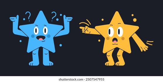 Formas de estrella cómica. Escuela de matemáticas aprendiendo personajes de estrellas geométricas con emociones divertidas Ilustración vectorial plana. Dibujos animados divertidos mascotas estrella con varias emociones