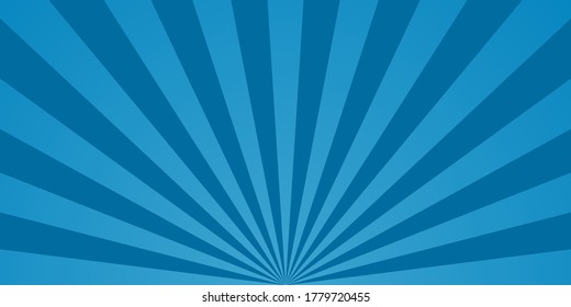 Comic starburst. Blue background with sunburst. Retro radial rays with bright effects for book. Blue pop abstract texture with sunbeam. Burst of lightning in the sky. Graphic lines from 70s. Vector.