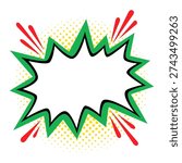 Comic starburst shape with blank center, green burst outline and yellow halftone dots with red accent lines in retro pop art vector style. Starburst shape burst sticker for discount ads, sale posters