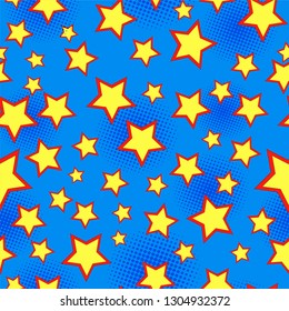 Comic starry bright seamless pattern with superhero colorful stars halftone effects on blue background vector illustration