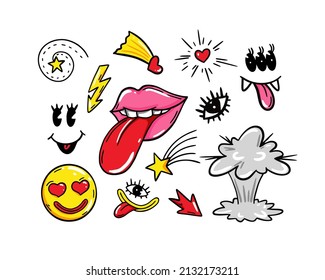 Comic Sticker Pack Modern Weird Characters Stock Vector (Royalty Free