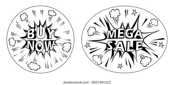 Comic stickers set with explosion burst. Buy now! Mega Sale! Black and white Pop art design with bold lettering. Perfect for promotions, sales, advertising and marketing materials