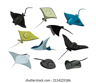 Comic stingrays flat vector illustrations set. Cute fish cartoon characters with eyes, manta ray, adorable sea creatures isolated on white background. Animals, wildlife, nature concept