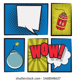 Comic story with bombs and explosions on frames, pop art cartoons. ,vector illustration.