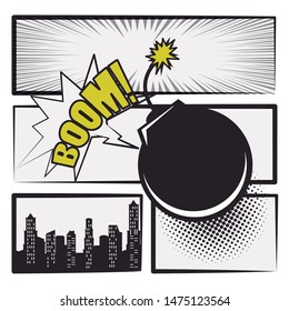 Comic story with bombs and explosions on frames, pop art cartoons. ,vector illustration.