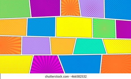 Comic Strip Background With 16:9 Aspect Ratio. Different Colorful Panels. Rays, Lines, Dots. Template, Vector, Eps 10.