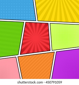 Comic Strip Background. Different Colorful Panels. Rays, Lines, Dots. Template,  Vector, Eps 10.