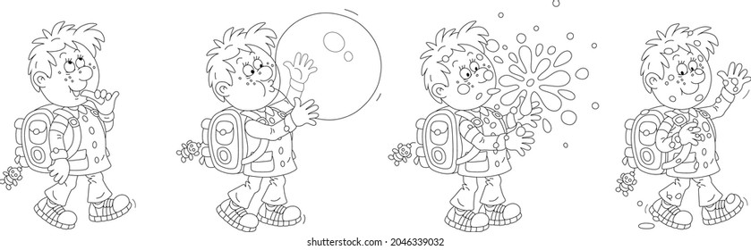 Comic strip of a cheerful little schoolboy with a backpack walking to school and blowing a big bubble from a sweet chewing gum, black and white vector cartoon illustrations