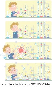 Comic strip of a funny schoolboy with a big scientific idea making an explosion during a dangerous experiment with reagents and equipment at a chemistry lesson in a school class