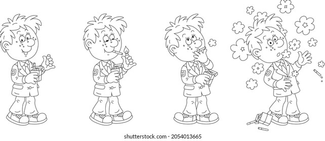 Comic strip of a funny schoolboy unsuccessfully trying to smoke his first cigarette, black and white outline vector cartoon illustrations