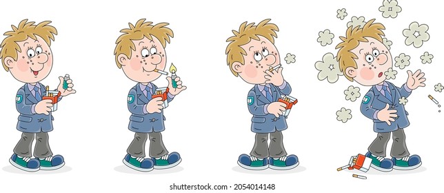 Tira cómica de un escolar gracioso que trataba sin éxito de fumar su primer cigarrillo, ilustraciones de dibujos vectoriales aisladas en un fondo blanco
