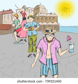 Comic strip. A group of people together with a guide are walking around the city. Participants photograph the sights. Man keep a glass of alcoholic drink. Sketch style. Vector illustration