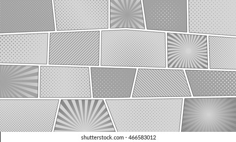 Comic Strip Monochrome Background With 16:9 Aspect Ratio. Different Colorful Panels. Rays, Lines, Dots. Template, Vector, Eps 10.